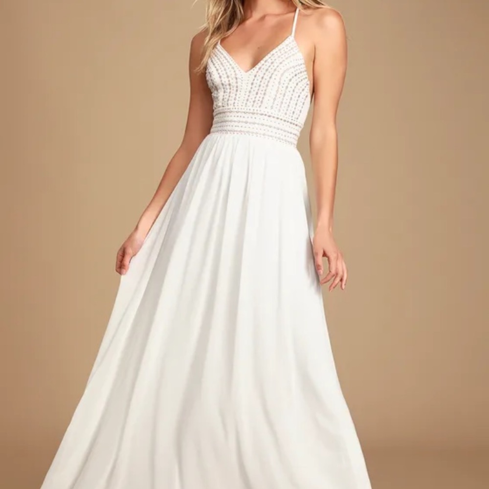 Lulus Meet Me in Madrid Beaded White Sleeveless Maxi, Medium